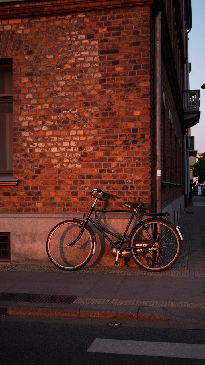 Berlin Germany Street Scene with Vintage Bicycle and Copper Dusk Light Reflections in in Berlin, Germany