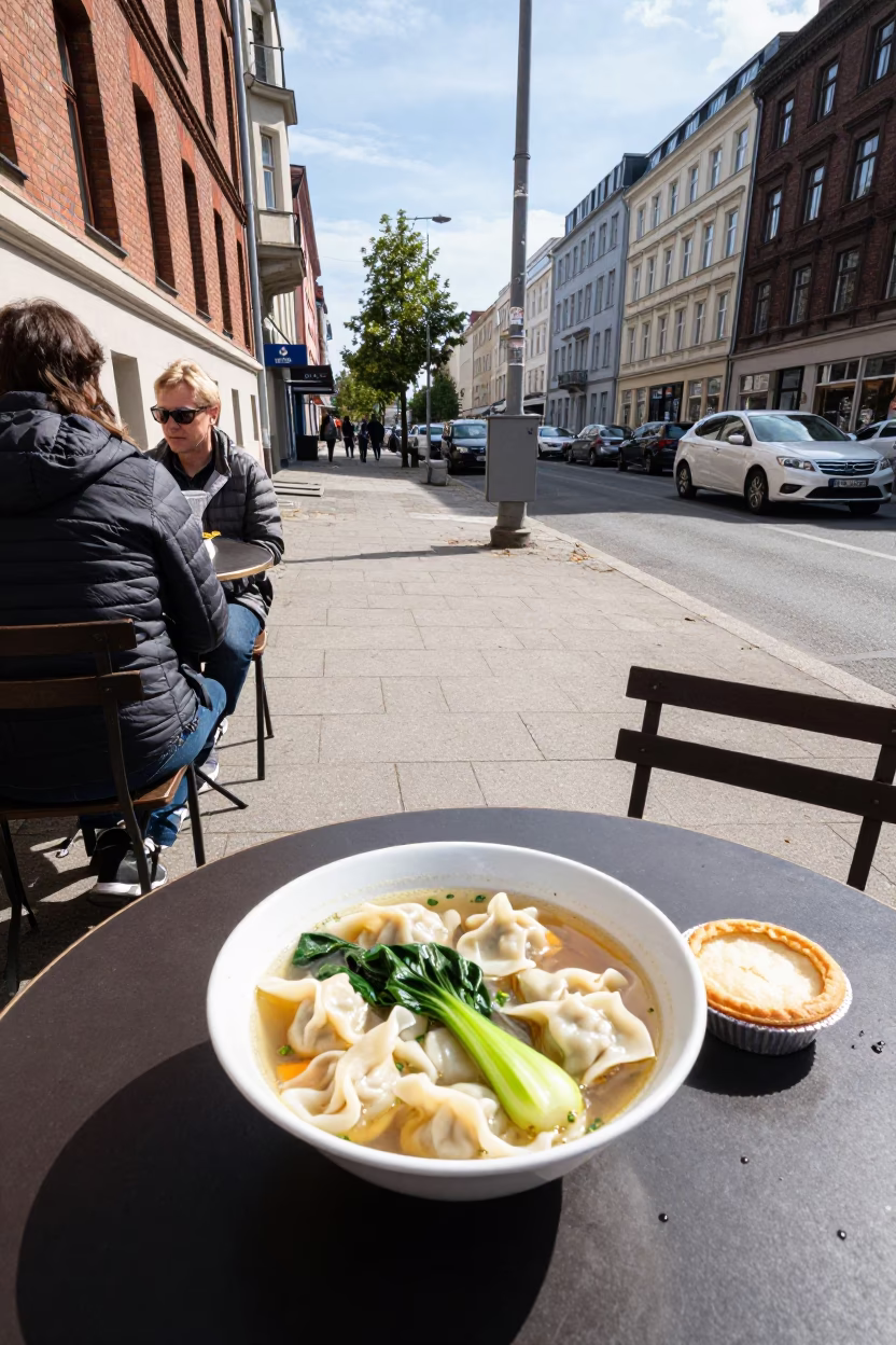 Berlin Germany Street Scene with Wonton Soup and Tart Tin in Bright Midmorning Light in in Berlin, Germany