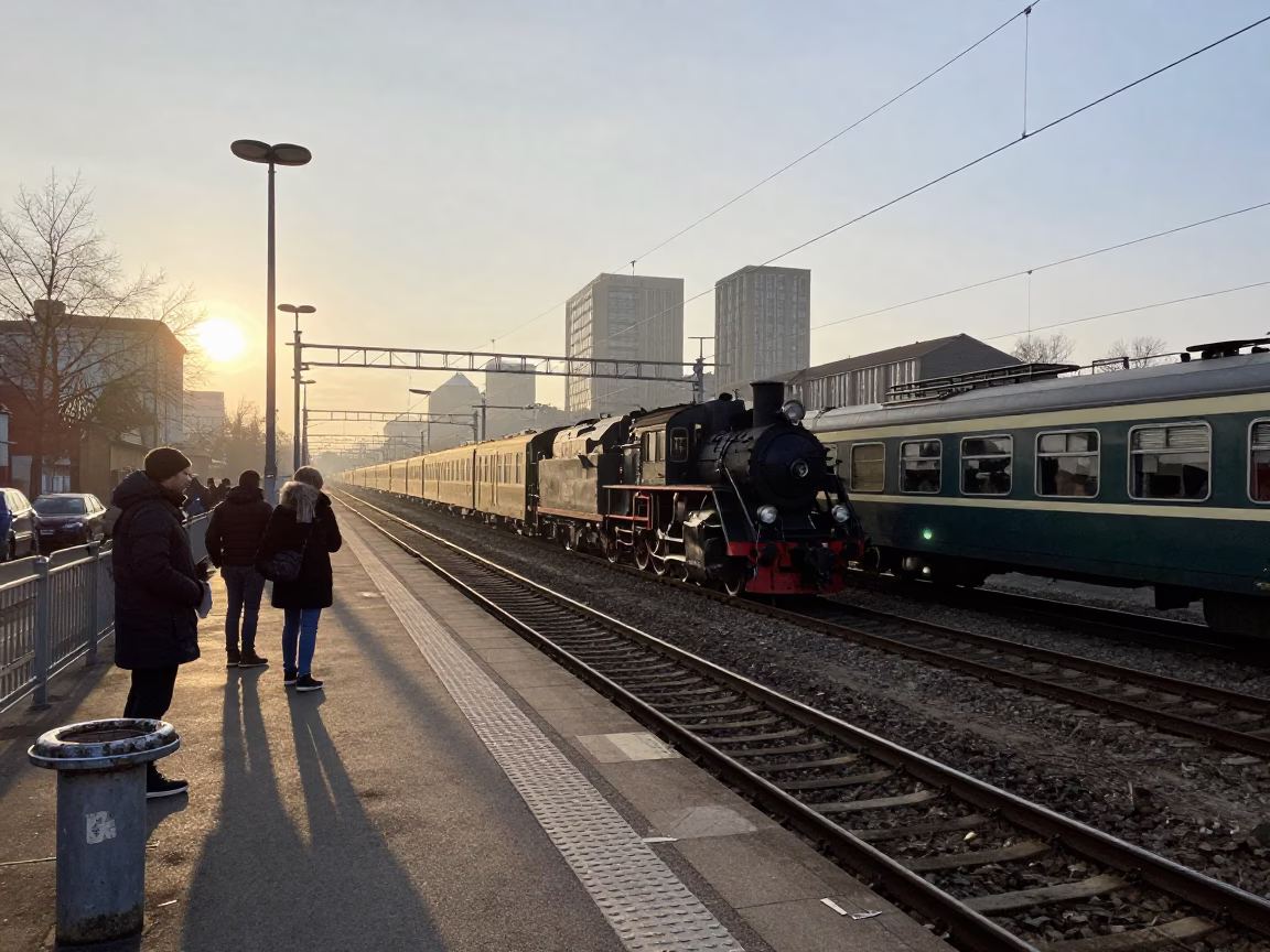 Berlin Germany Sunrise Street Scene with Locomotive and Urban Life in in Berlin, Germany