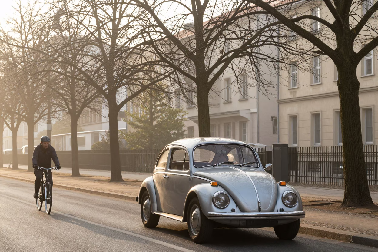 Berlin Germany Sunrise Street Scene with Vintage Car and Cyclist in in Berlin, Germany
