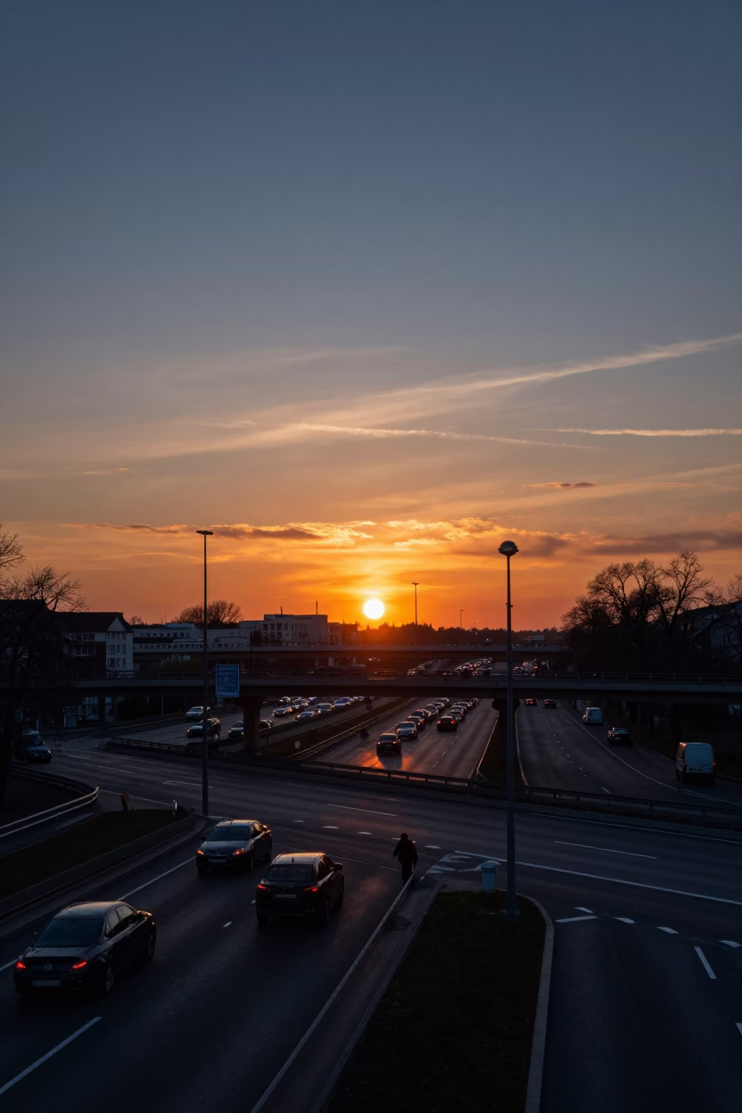 Berlin Germany Sunset Overpass Interchange Lane Split Taillight Streaks Urban Landscape in in Berlin, Germany