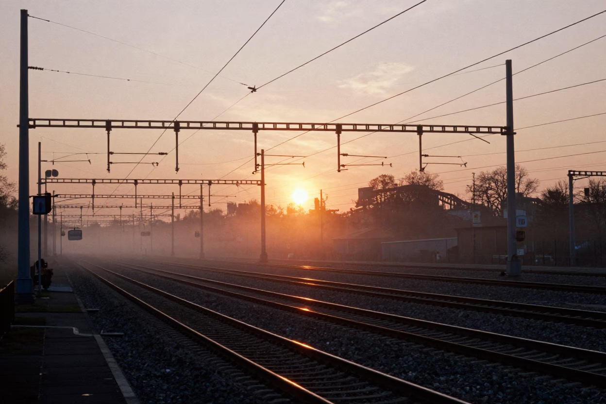 Berlin Germany Sunset Rail Catenary System Industrial Fog Receding Through Evening Light in in Berlin, Germany