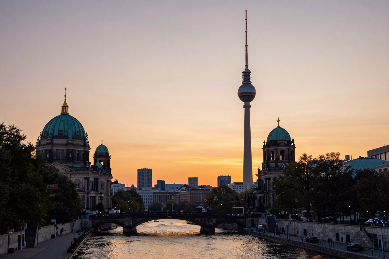 Berlin Germany Sunset Skyline View with Historic Architecture and Urban Evening Light in in Berlin, Germany