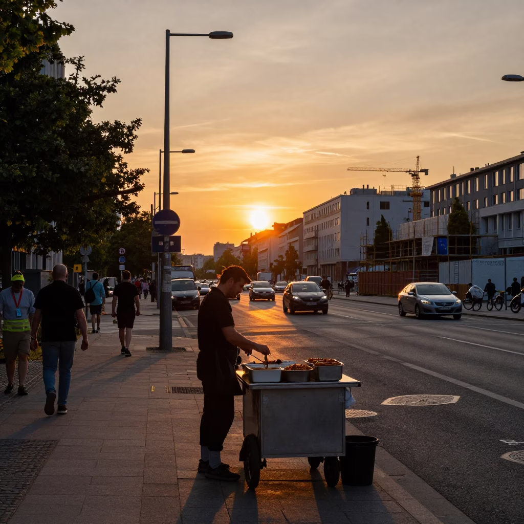 Berlin Germany Sunset Street Scene Currywurst and Construction Site in in Berlin, Germany