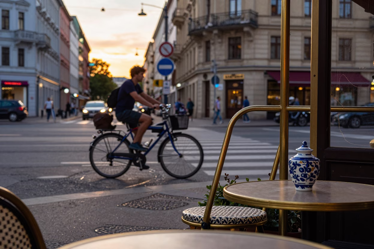 Berlin Germany Sunset Street Scene with Brass Decor and Ceramic Pitcher in in Berlin, Germany