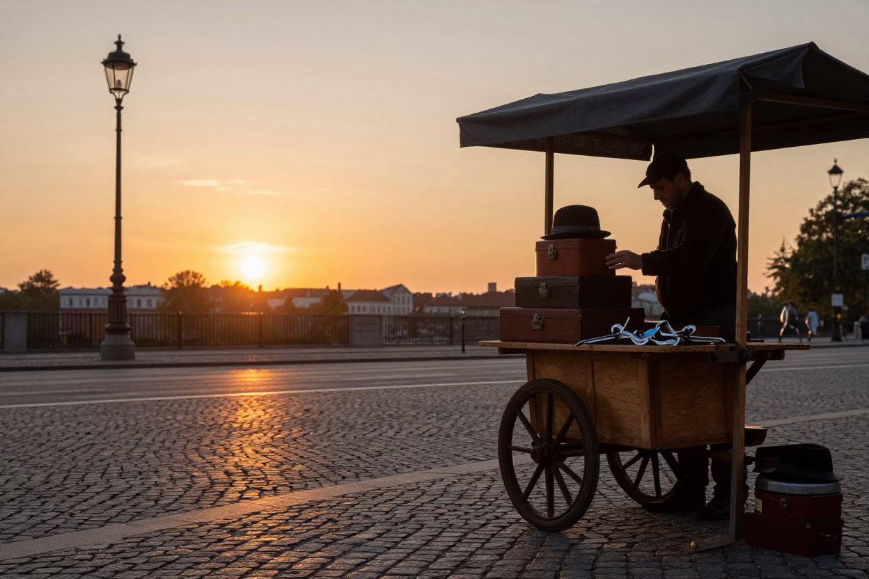 Berlin Germany Sunset Street Scene with Hatbox and Shoehorn on Cobblestone in in Berlin, Germany