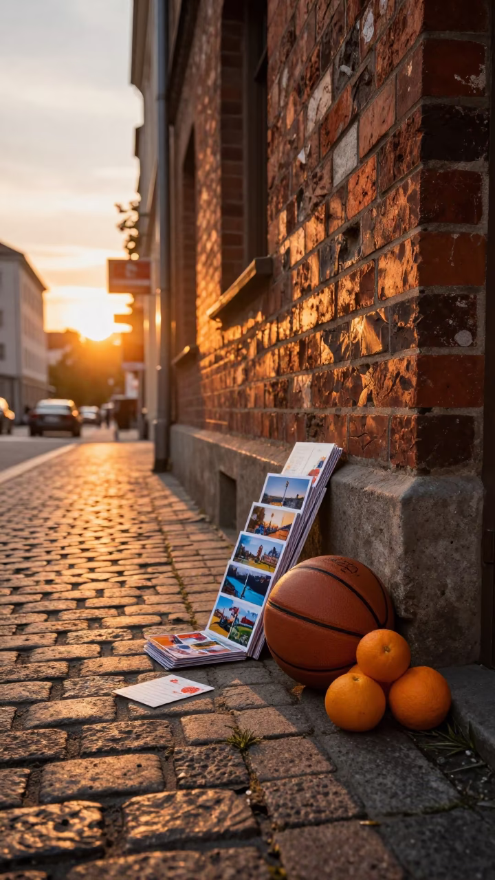 Berlin Germany Sunset Street Scene with Postcards and Oranges on Brick Wall in in Berlin, Germany