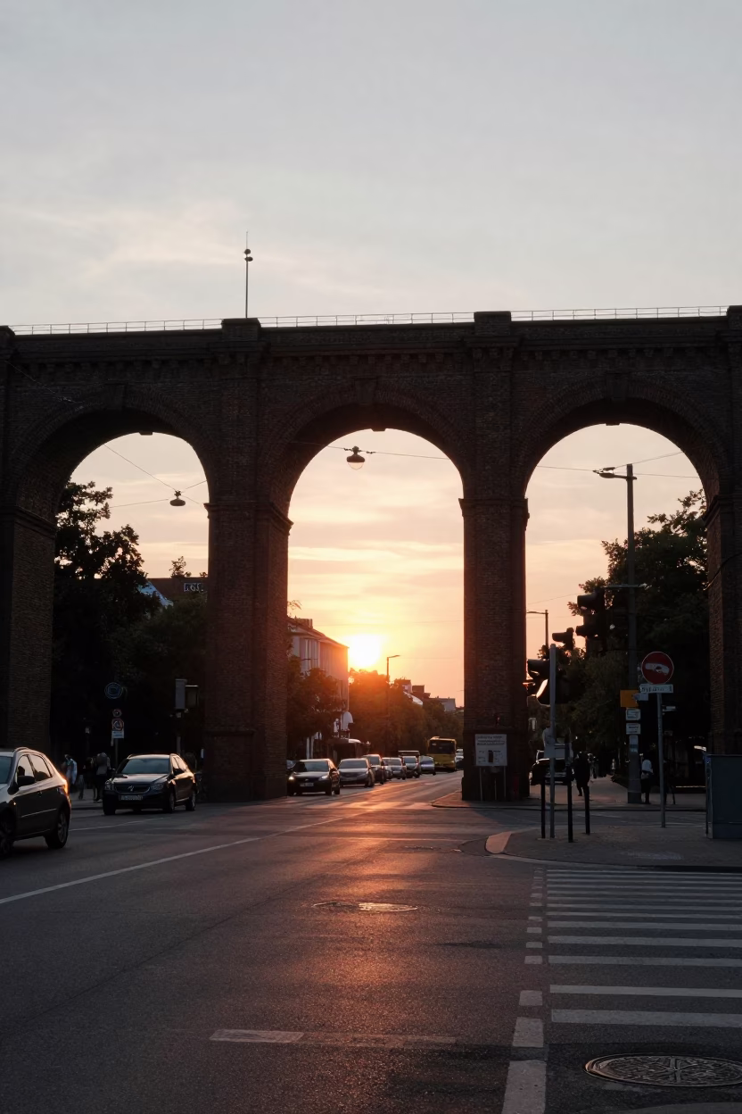 Berlin Germany Sunset Street Scene with Railway Viaduct Arches and Urban Life in in Berlin, Germany