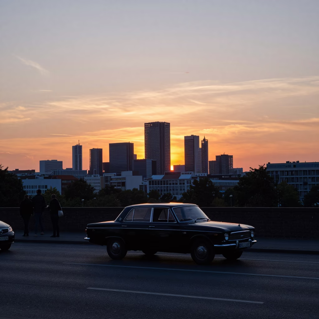 Berlin Germany Twilight Horizon Street Scene with Vintage Car and Diner in in Berlin, Germany