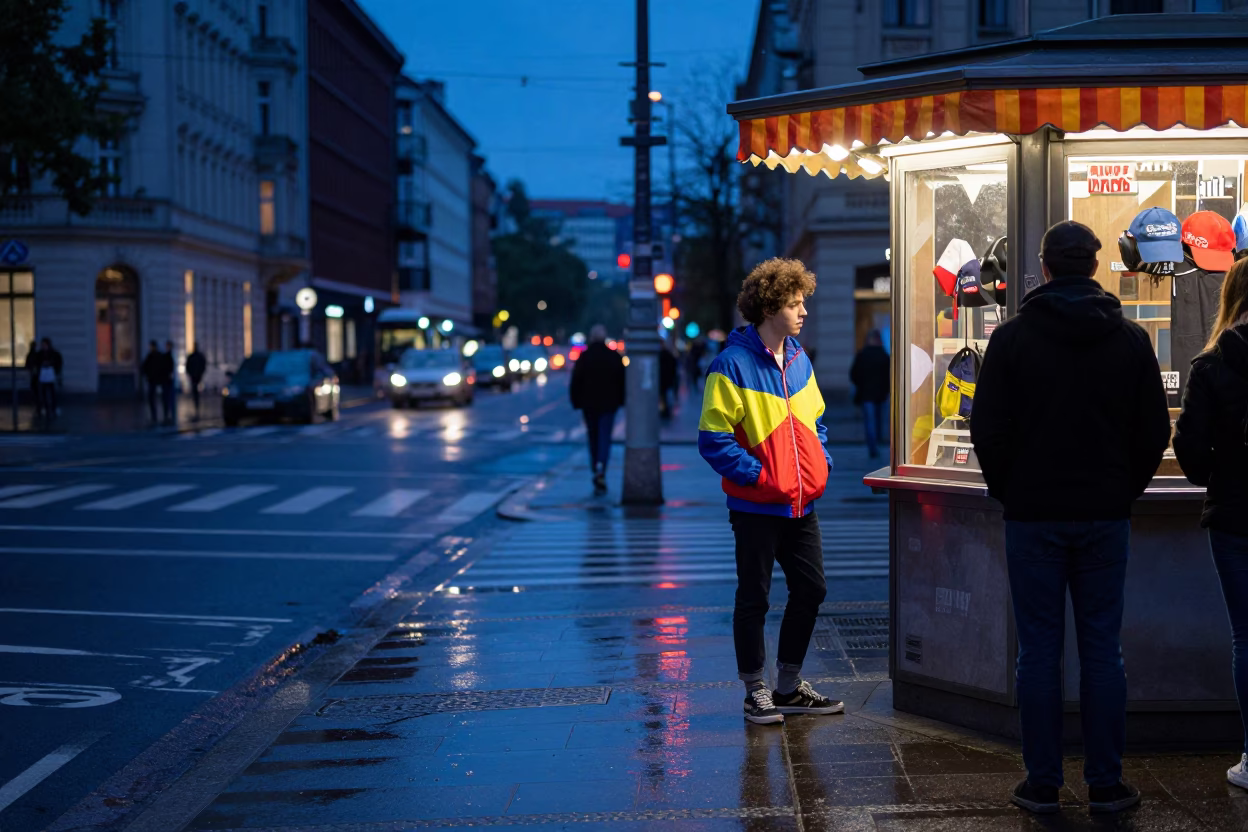 Berlin Germany Twilight Street Scene with Colorful 1980s Fashion and Urban Details in in Berlin, Germany