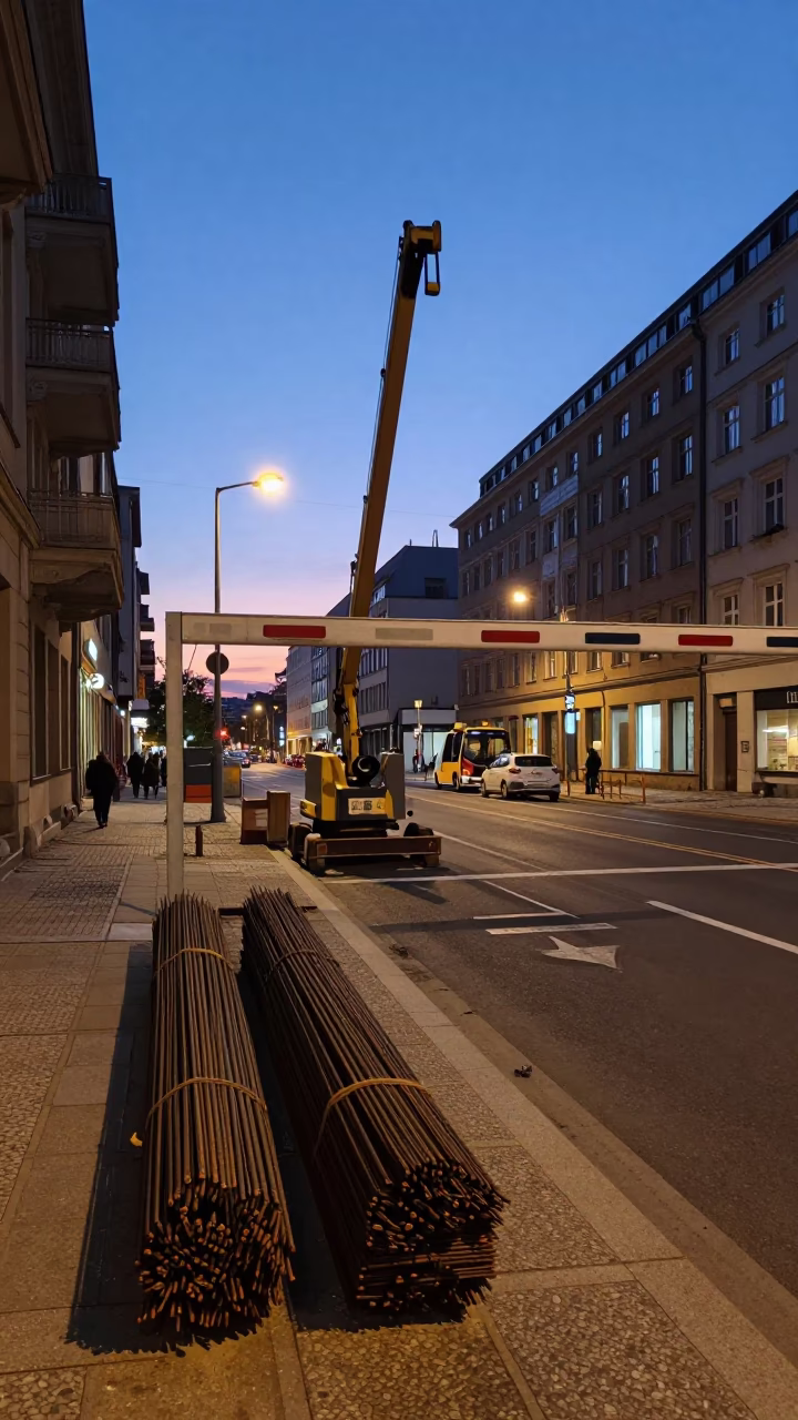 Berlin Germany Twilight Street Scene with Construction Elevator Gate and Rebar Bundles in in Berlin, Germany
