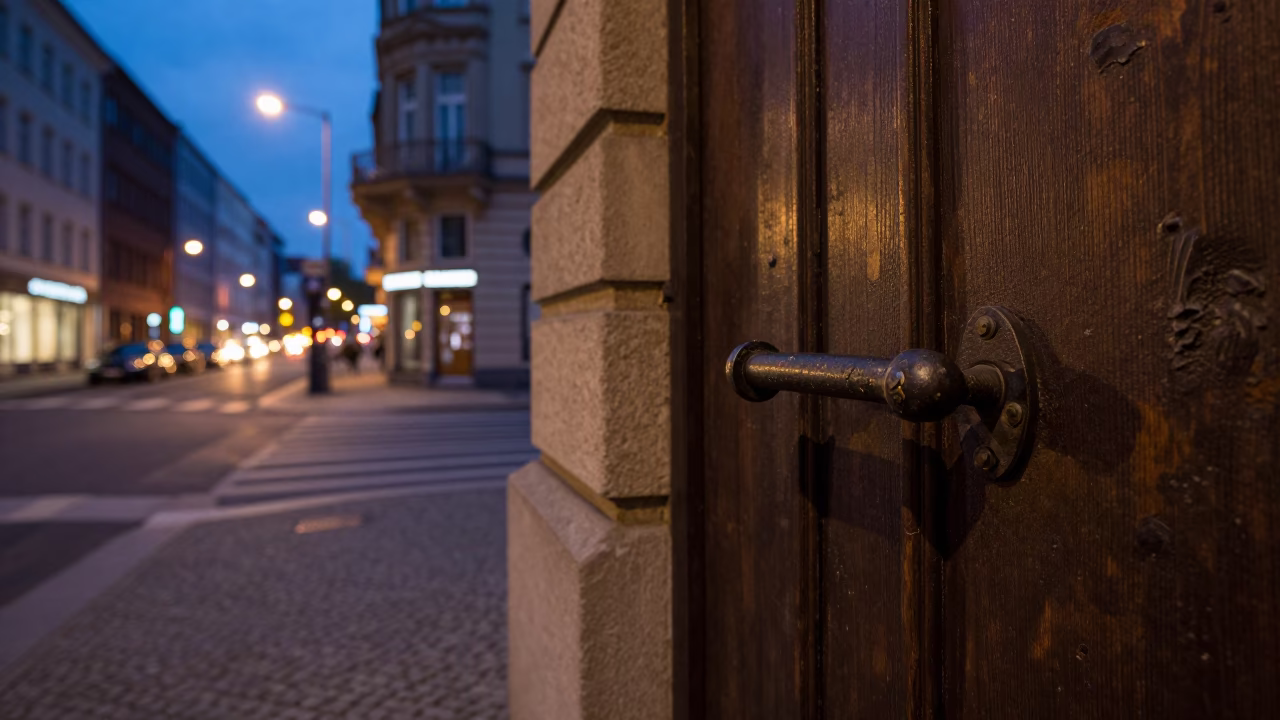 Berlin Germany Twilight Street Scene with Gate Handle and Coat Stand in in Berlin, Germany