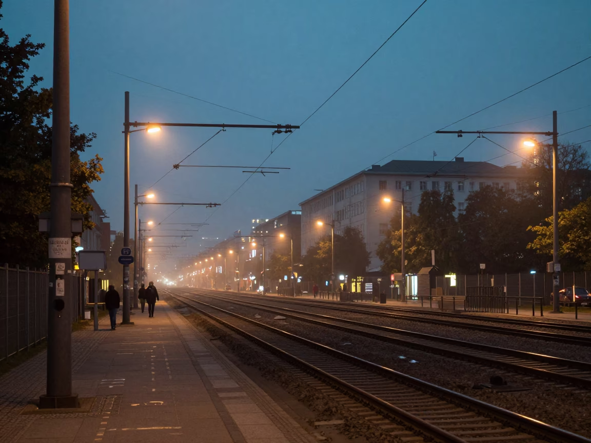 Berlin Germany Twilight Street Scene with Industrial Rail Catenary and Urban Fog at Dusk in in Berlin, Germany