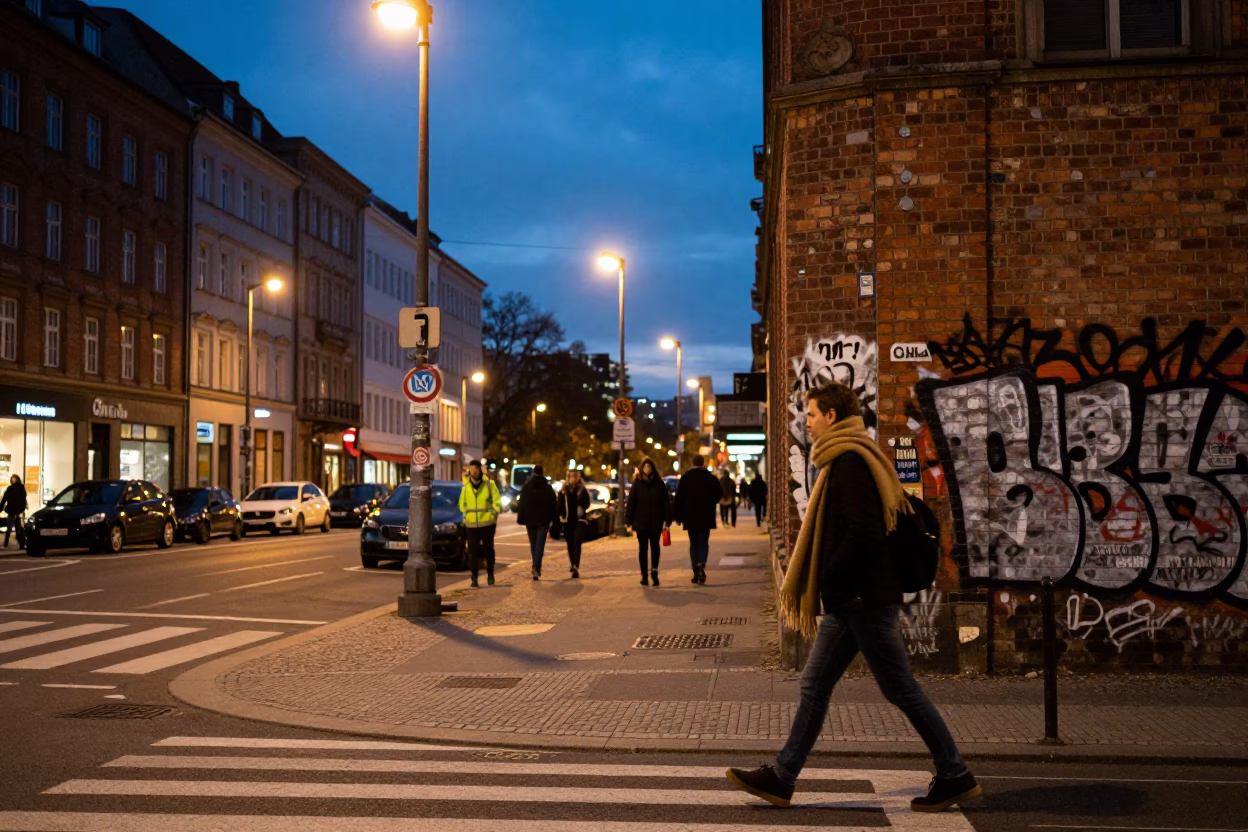 Berlin Germany Twilight Street Scene with Scarf and Urban Details in in Berlin, Germany