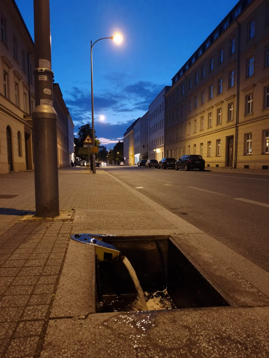 Berlin Germany Twilight Street Scene with Storm Drain Outfall and Urban Infrastructure in in Berlin, Germany