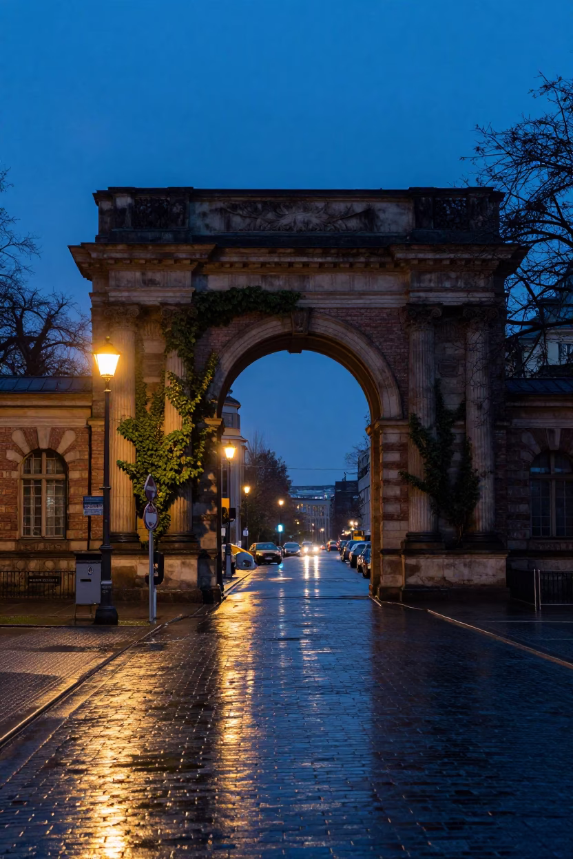 Berlin Germany Twilight Street Scene with University Archway and Wet Bicycle Rack in in Berlin, Germany