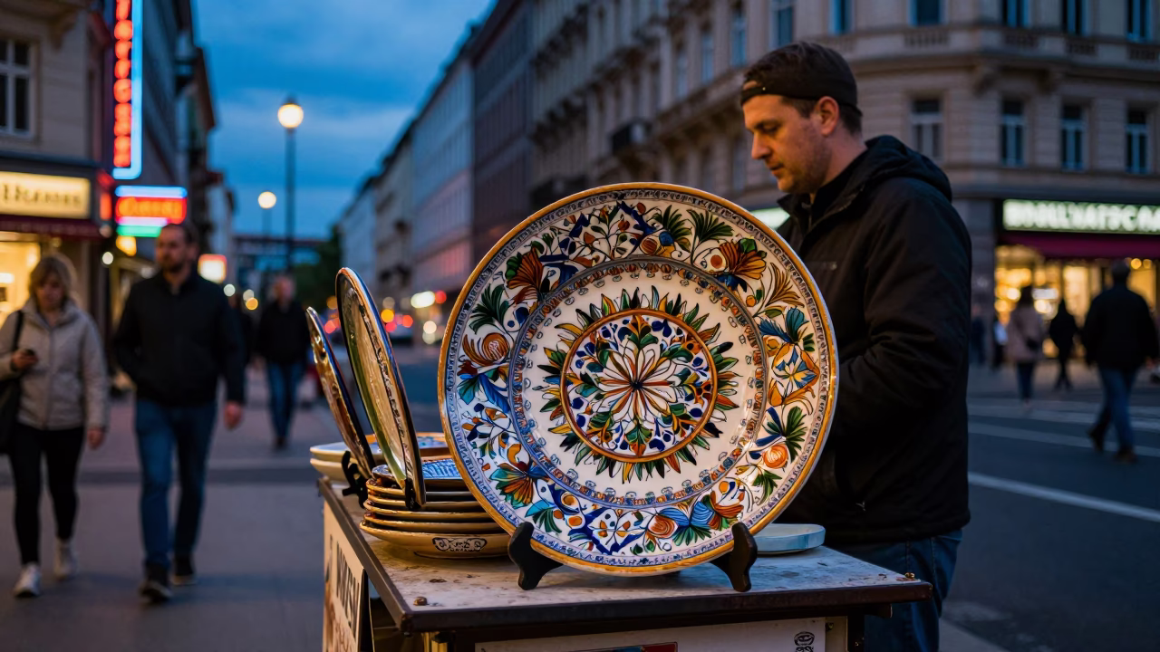 Berlin Germany Twilight Street Scene with Vintage Majolica Plate and Busy Urban Atmosphere in in Berlin, Germany