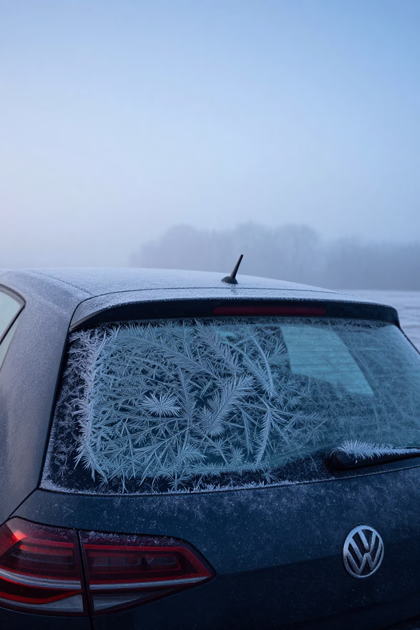 Berlin Germany Winter Morning Frost Pattern on Car Window Before Sunrise in in Berlin, Germany