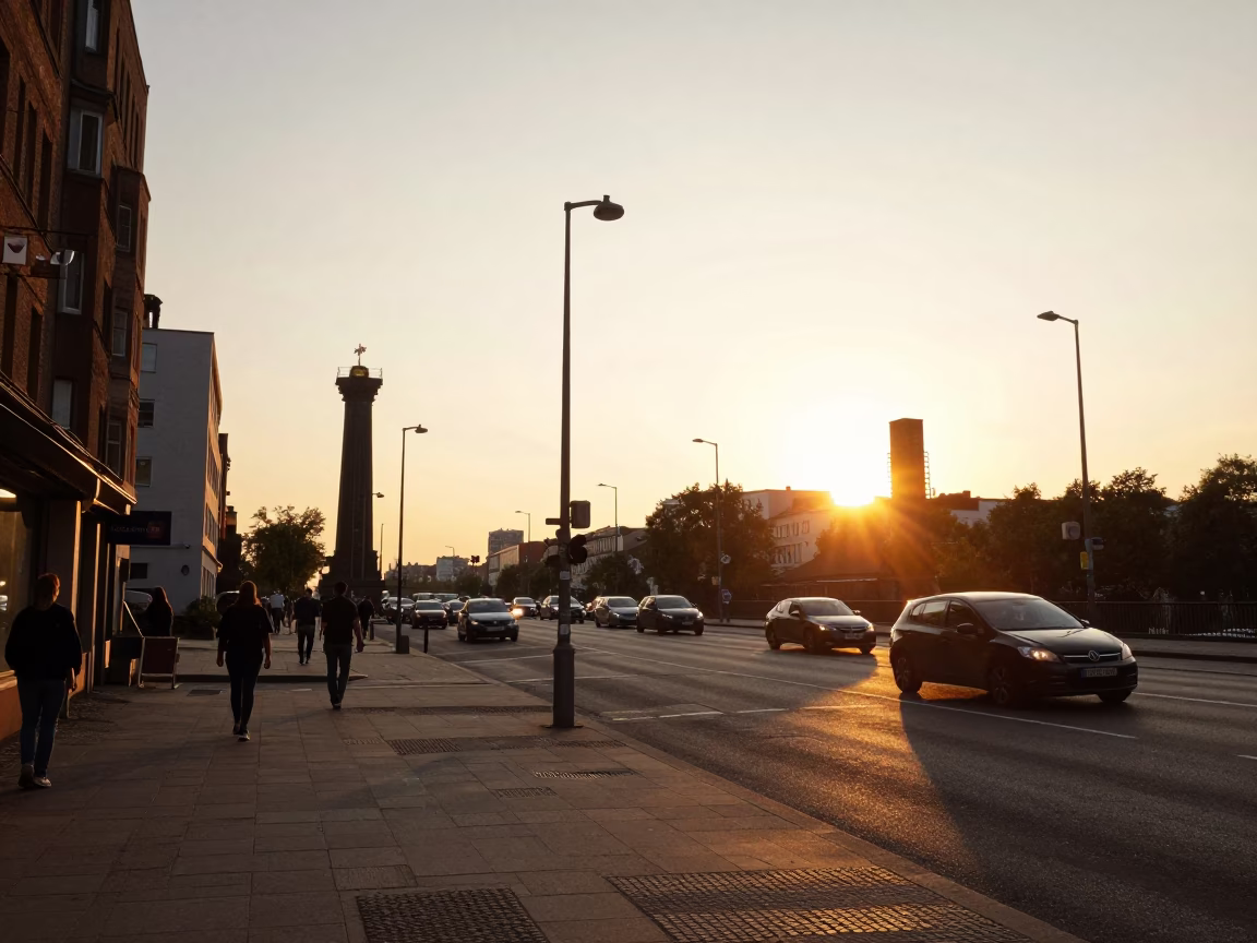 Berlin Golden Hour Street Scene with Bridge Pier and Urban Details in in Berlin, Germany