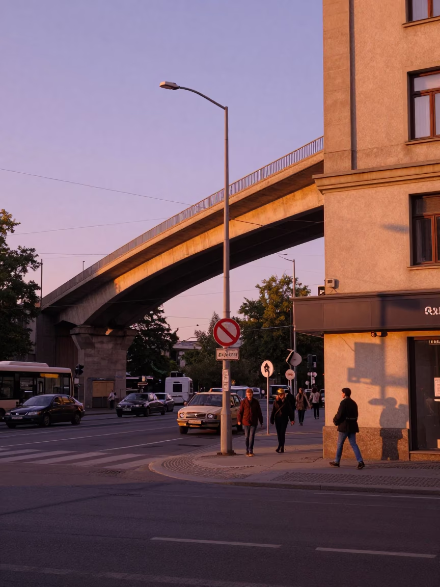 Berlin Golden Hour Street Scene with Overpass and Vintage Details in in Berlin, Germany