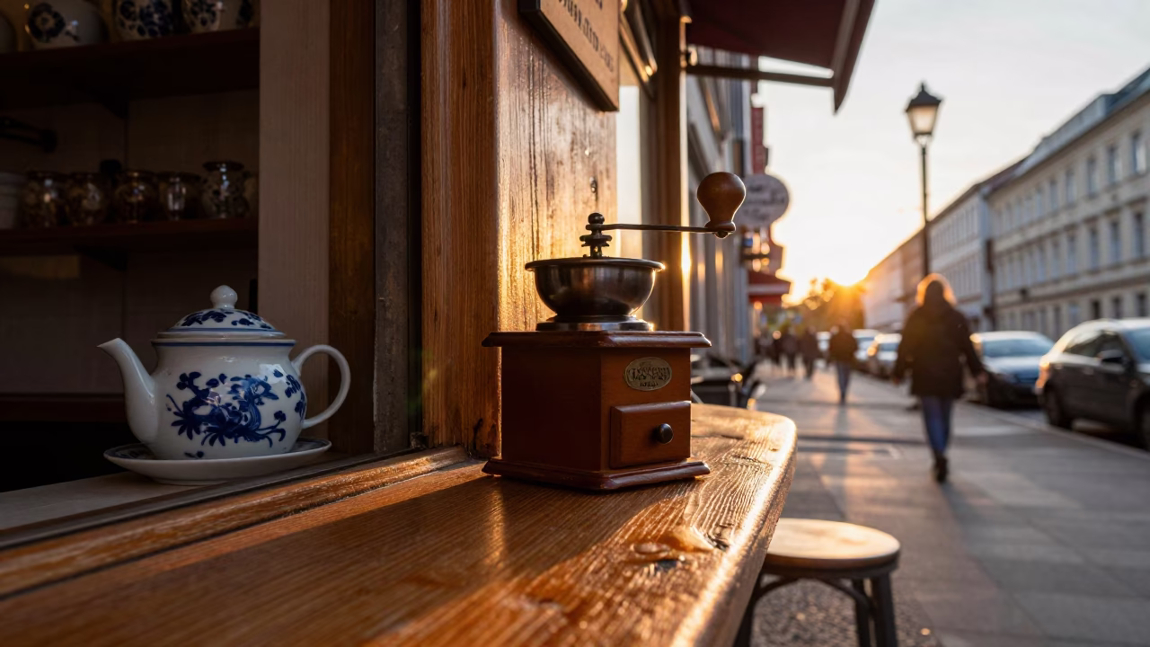 Berlin Golden Hour Street Scene with Vintage Coffee Grinder and Porcelain Jar in in Berlin, Germany