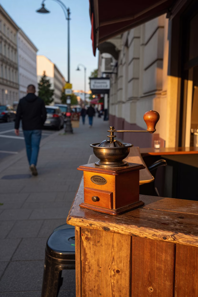 Berlin Golden Hour Street Scene with Vintage Coffee Grinder and Urban Details in in Berlin, Germany