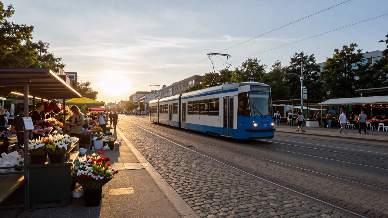 Berlin Golden Hour Street Scene with Vintage Tram and Flower Market Vendors in in Berlin, Germany