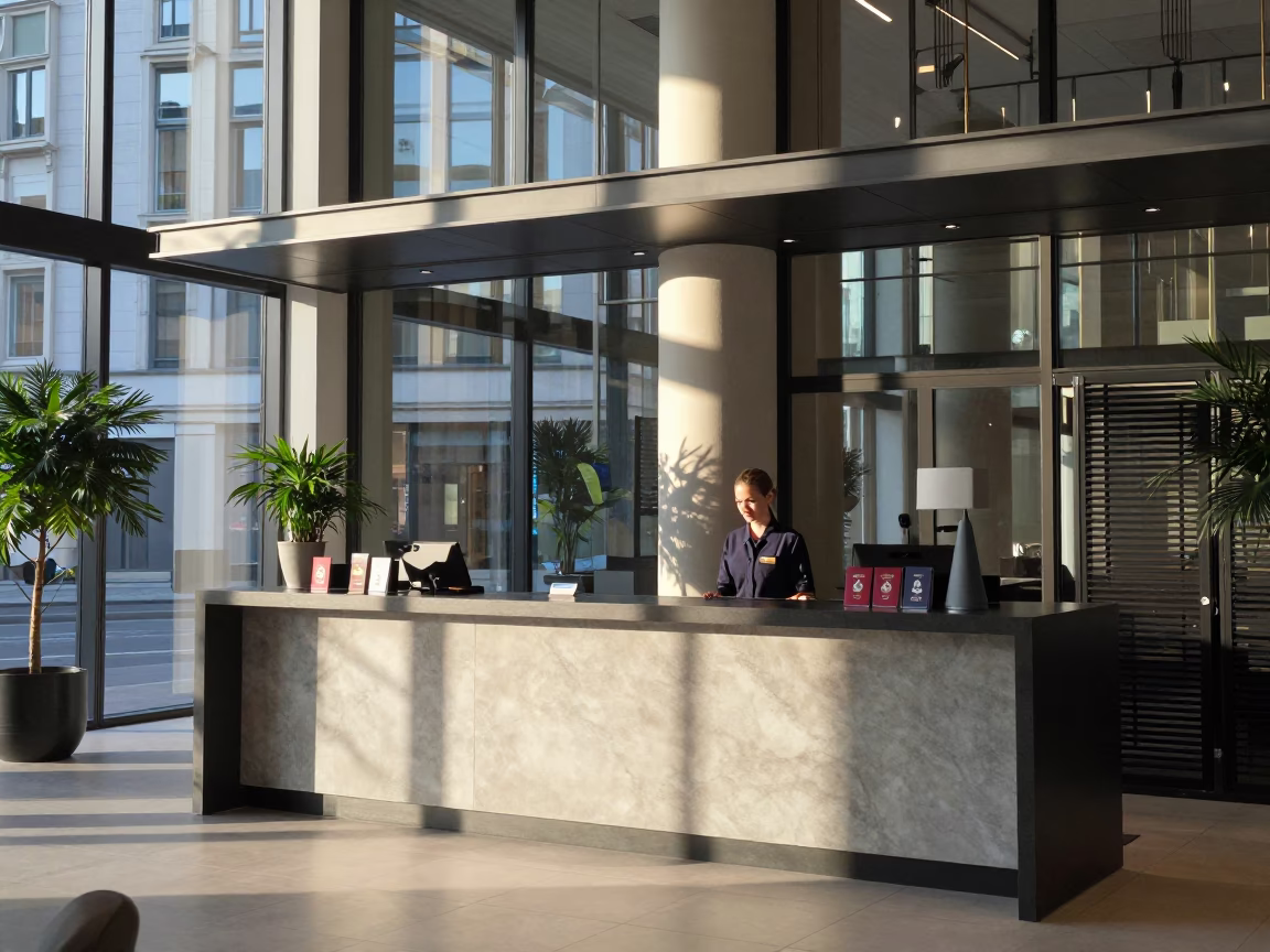 Berlin Hotel Reception Desk with Passports Keycards and Fresh Flowers at Dawn in in Berlin, Germany