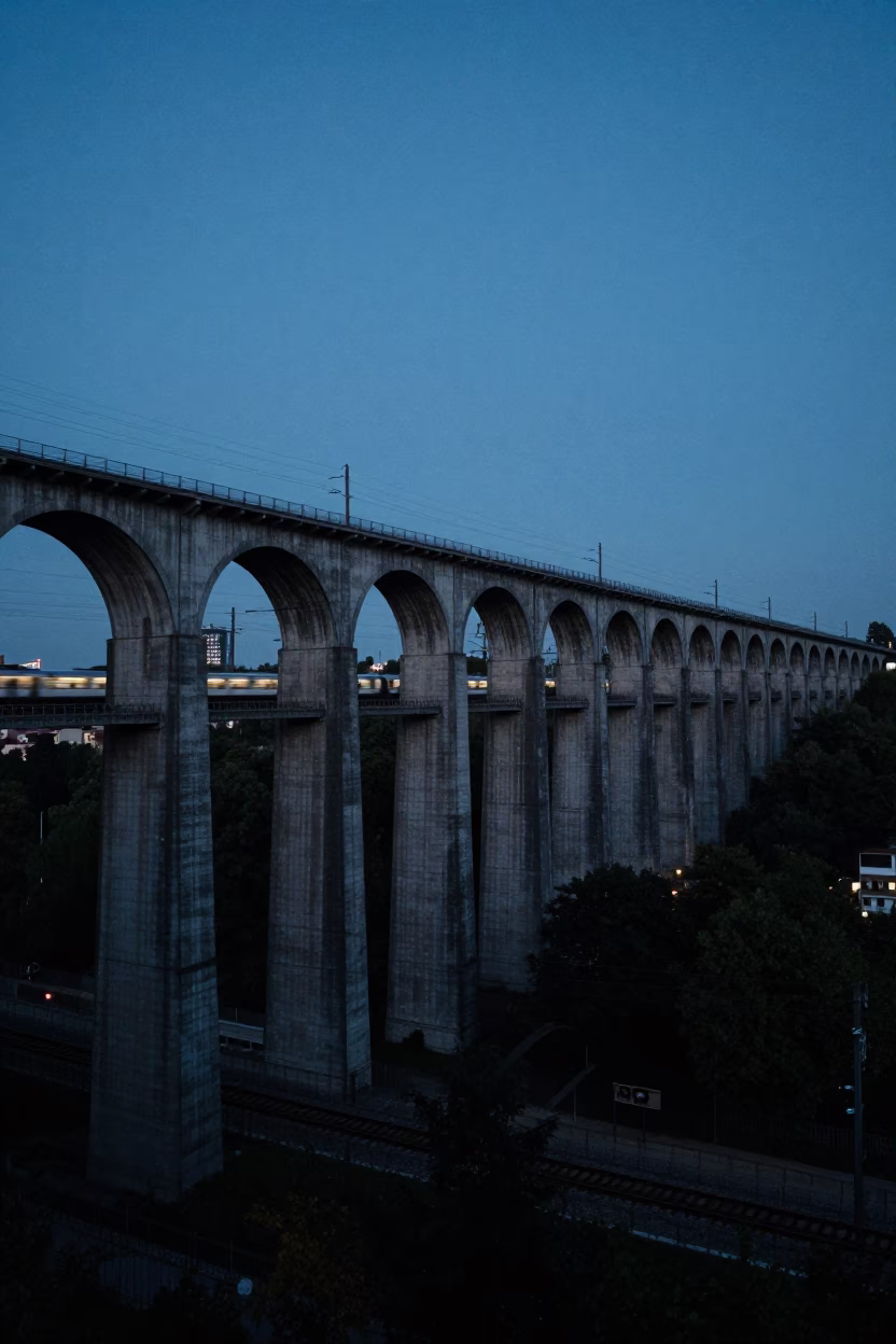 Berlin Indigo Twilight Railway Viaduct Arches Over Urban Valley in in Berlin, Germany
