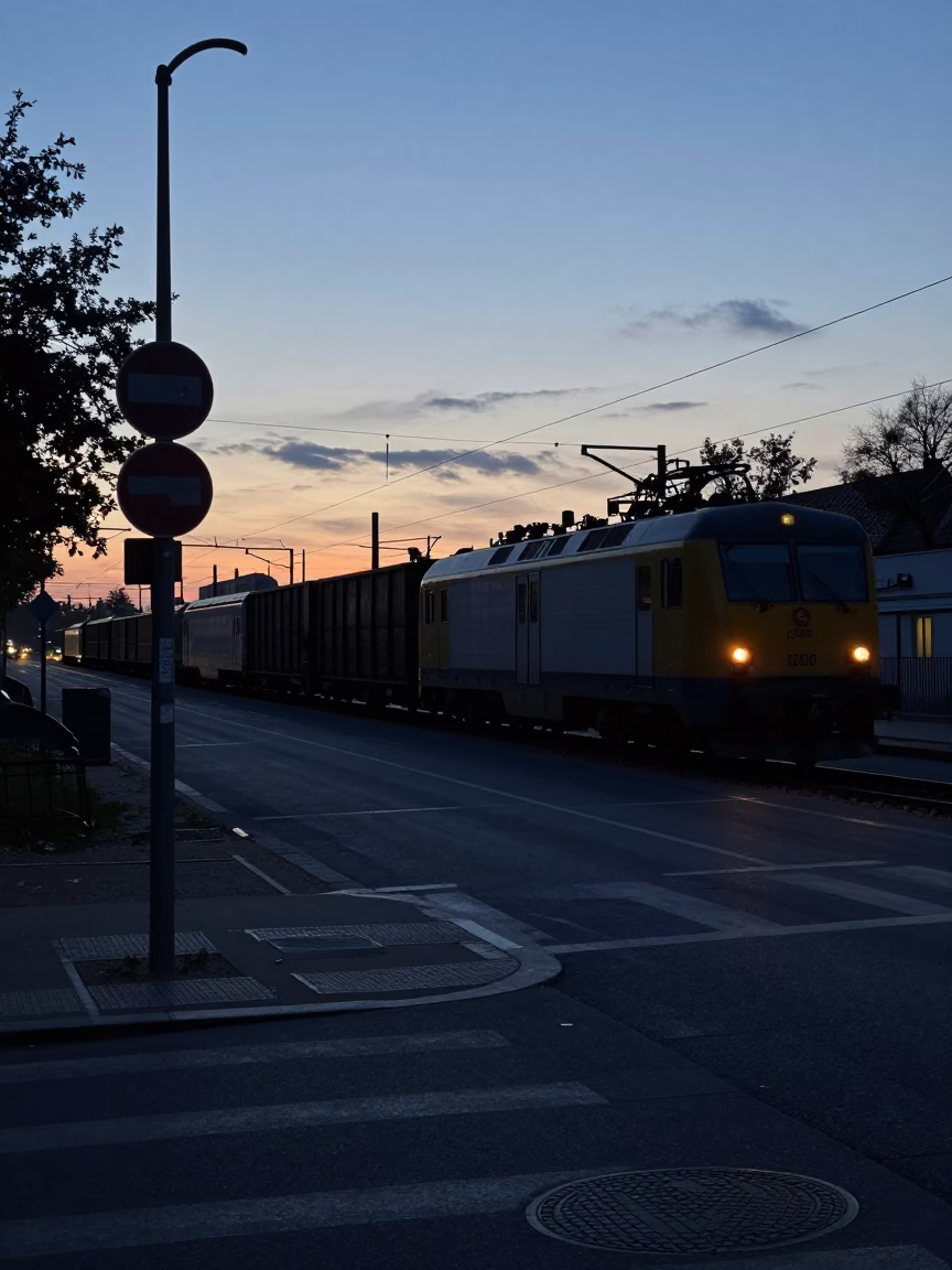 Berlin Indigo Twilight Street Scene with Freight Train and Apron in in Berlin, Germany