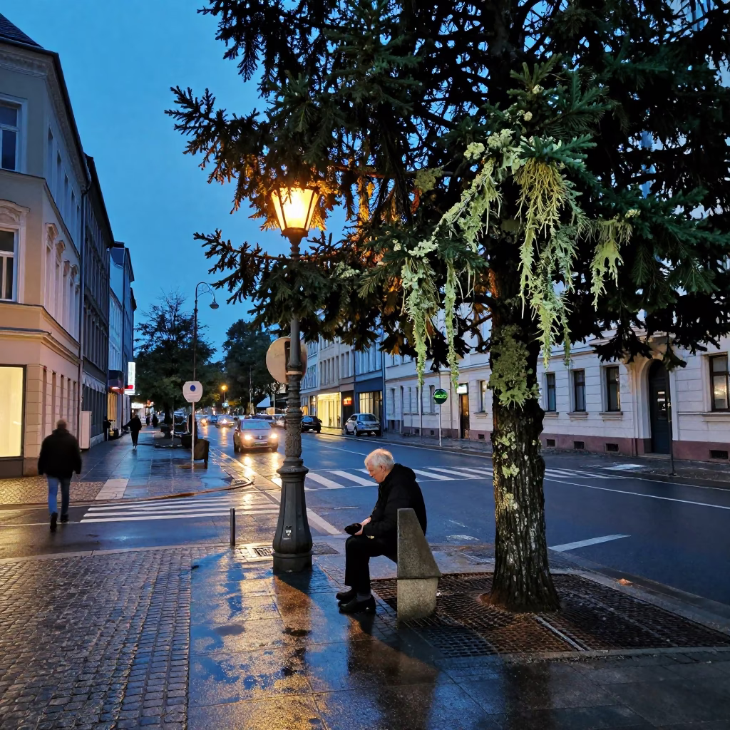 Berlin Indigo Twilight Street Scene with Lantern and Lichen on Conifer in in Berlin, Germany