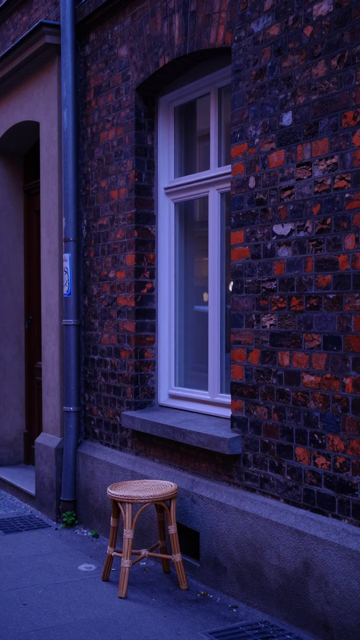 Berlin Indigo Twilight Street Scene with Rattan Stool and Saucer in Window in in Berlin, Germany