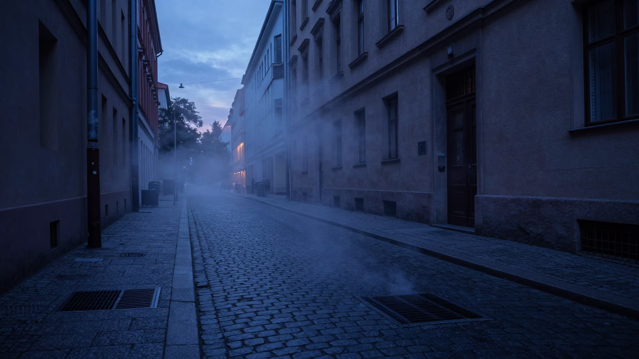 Berlin Indigo Twilight Street Scene with Steam Haze and Urban Architecture in in Berlin, Germany