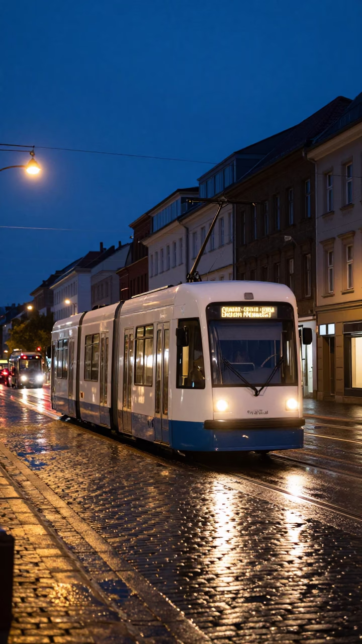 Berlin Indigo Twilight Tramcar and Cobblestone Street Scene in in Berlin, Germany
