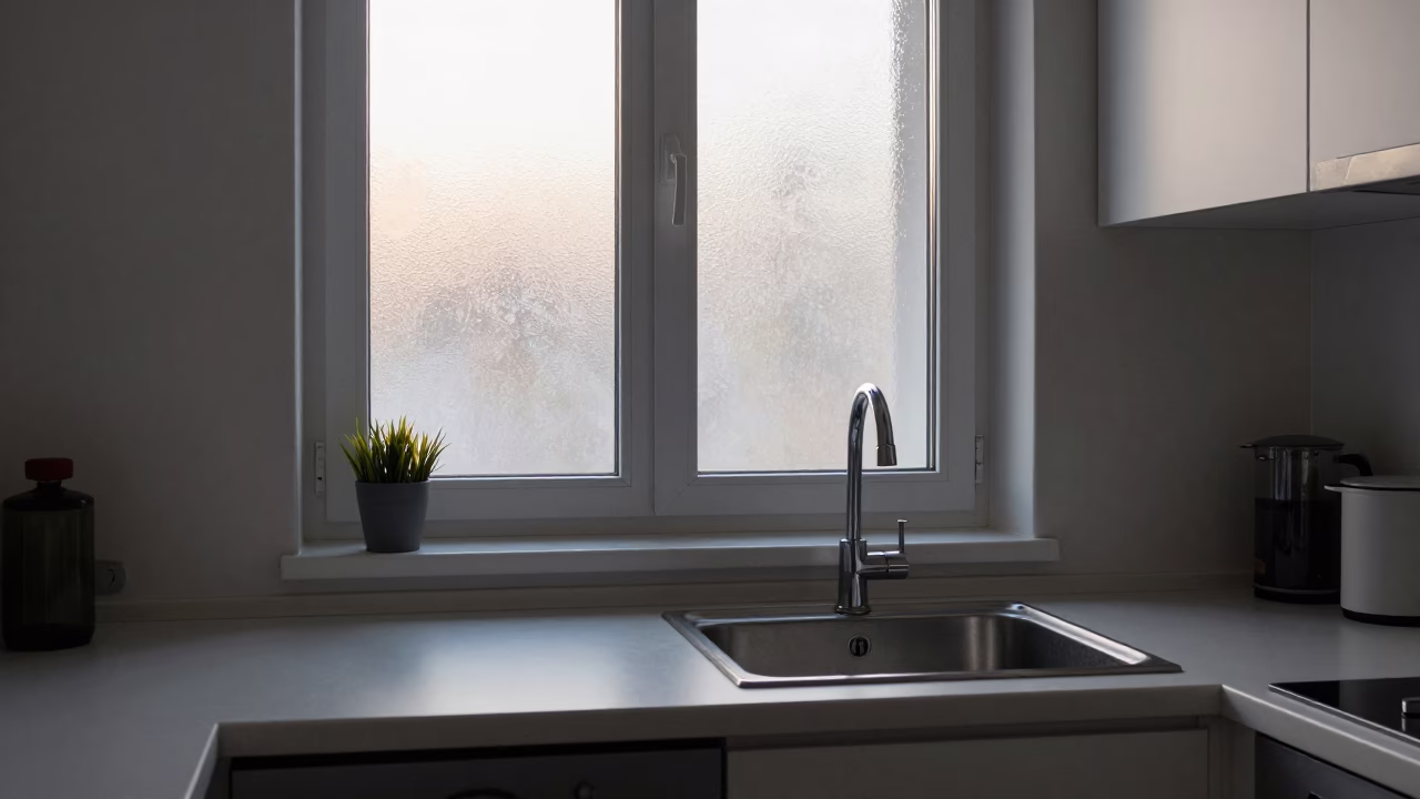 Berlin Kitchen Evening Scene with Sink and Window Light on Countertop in in Berlin, Germany