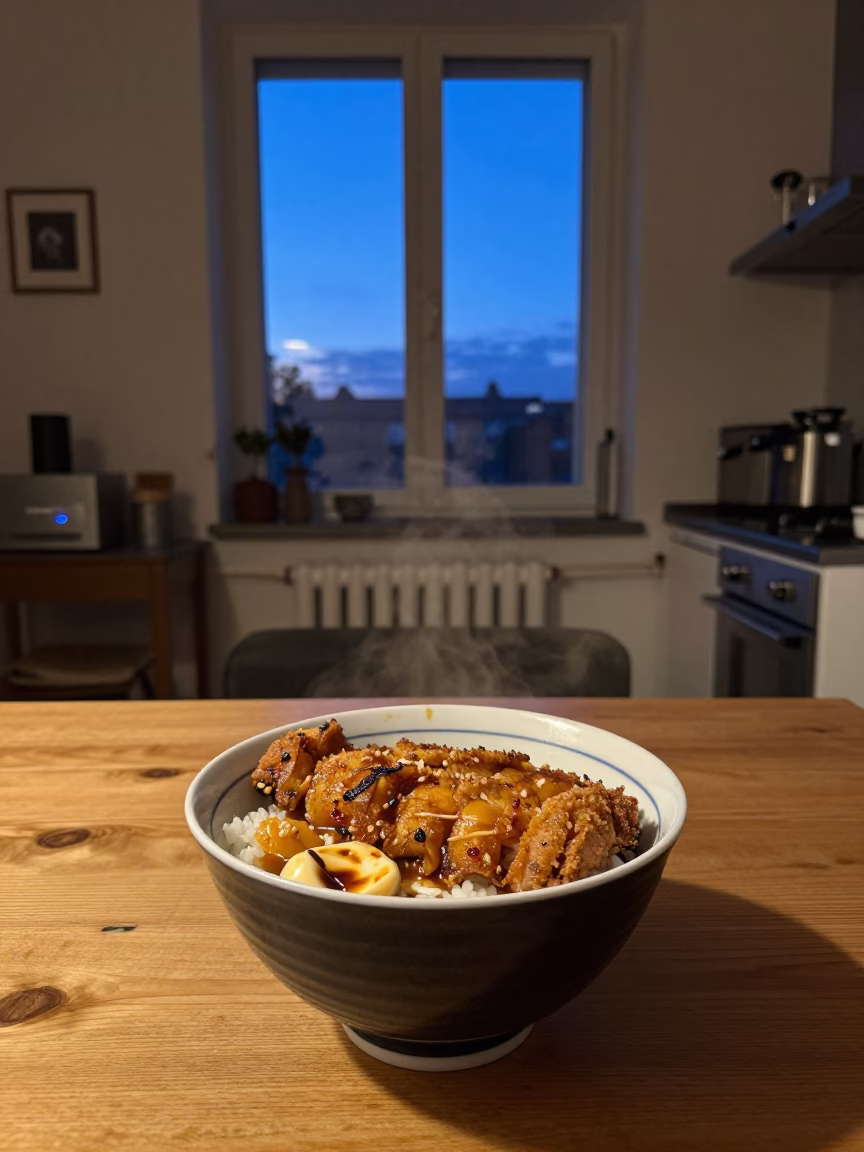 Berlin Kitchen Twilight Interior with Katsudon Bowl and Vintage Record Player in in Berlin, Germany
