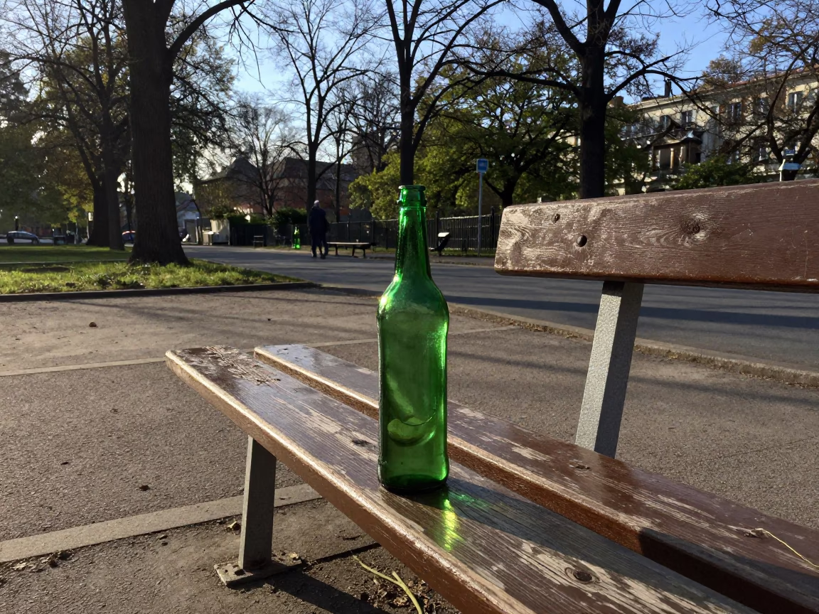 Berlin Late Afternoon Street Scene with Colored Glass Bottle on Wooden Bench in in Berlin, Germany