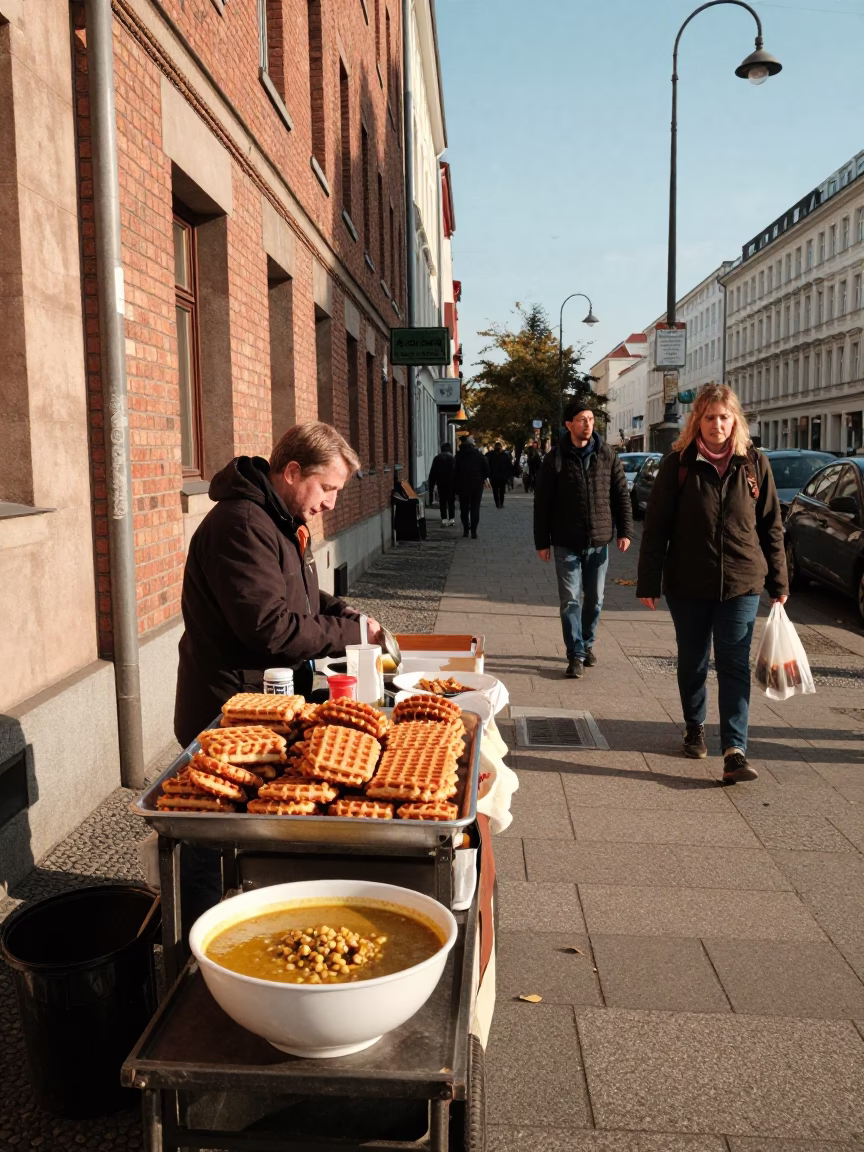 Berlin Late Afternoon Street Scene with Local Food and Urban Architecture in in Berlin, Germany