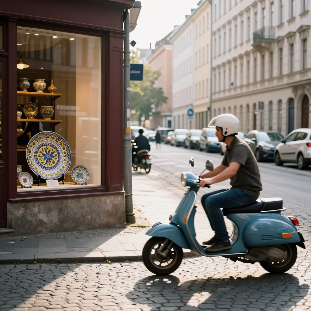 Berlin Late Morning Street Scene with Scooter and Vintage Majolica Plate Detail in in Berlin, Germany