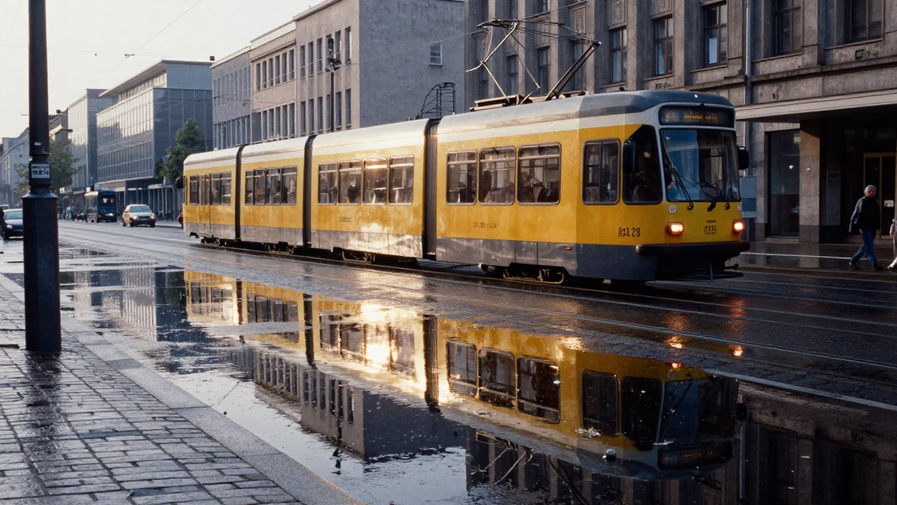 Berlin Late Morning Street Scene with Tram Reflection and Concrete Architecture in in Berlin, Germany