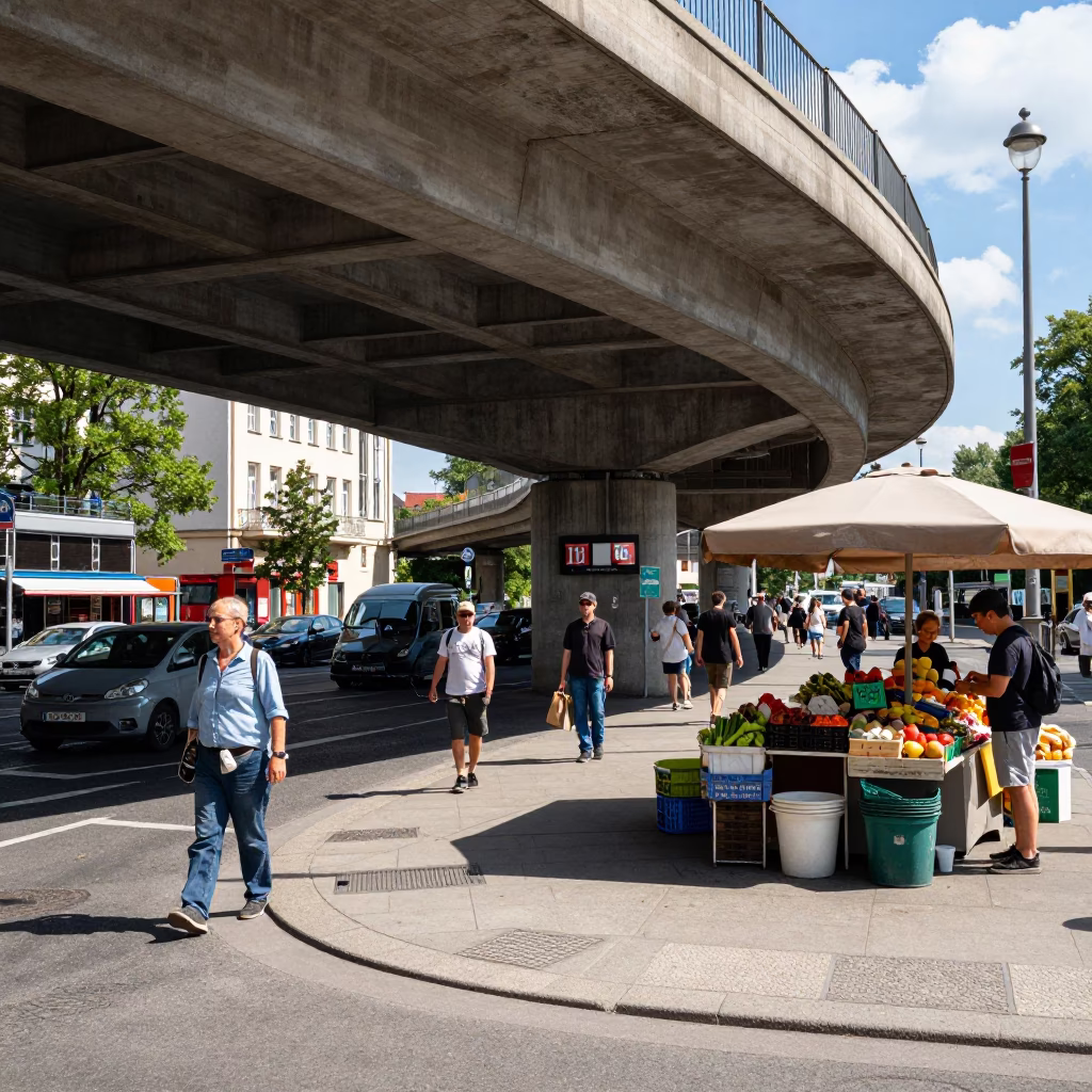 Berlin Midday Street Scene with Concrete Viaduct and Local Market Activity in in Berlin, Germany