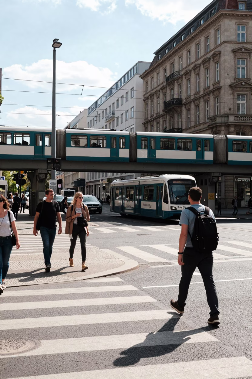 Berlin Midday Street Scene with Elevated Monorail and Urban Activity in in Berlin, Germany