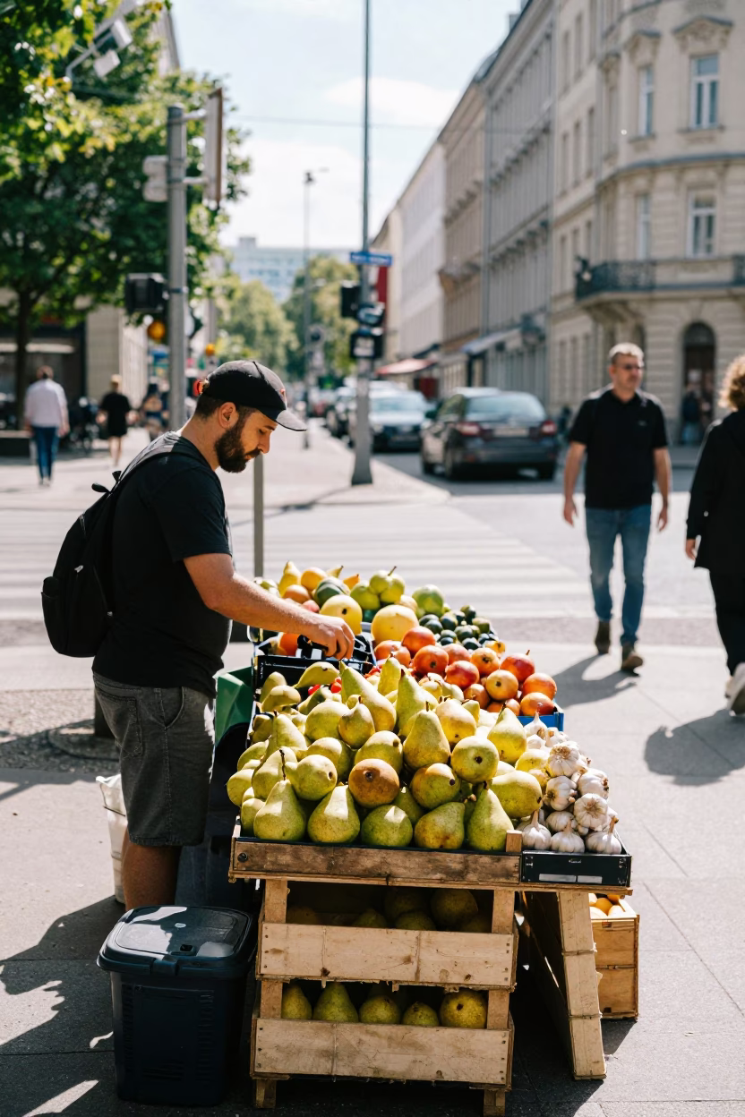 Berlin Midday Street Scene with Pears and Garlic at Urban Market in in Berlin, Germany