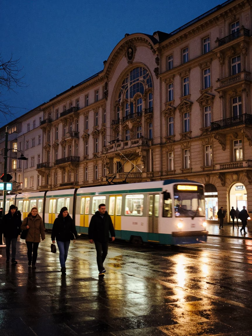 Berlin Midnight Tram Passing Art Nouveau Facades with Nightlife Activity in in Berlin, Germany