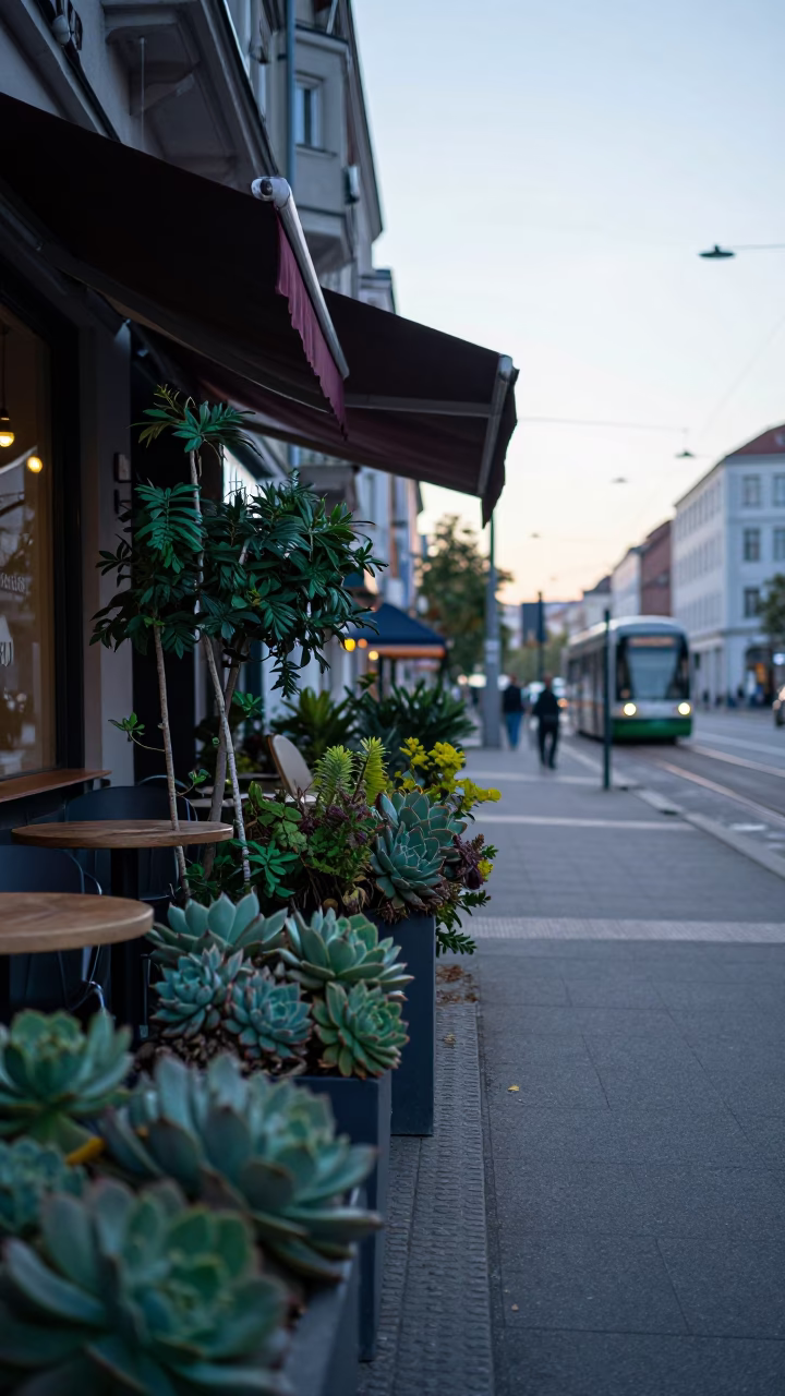 Berlin Morning Street Scene with Succulents and Early Light in in Berlin, Germany