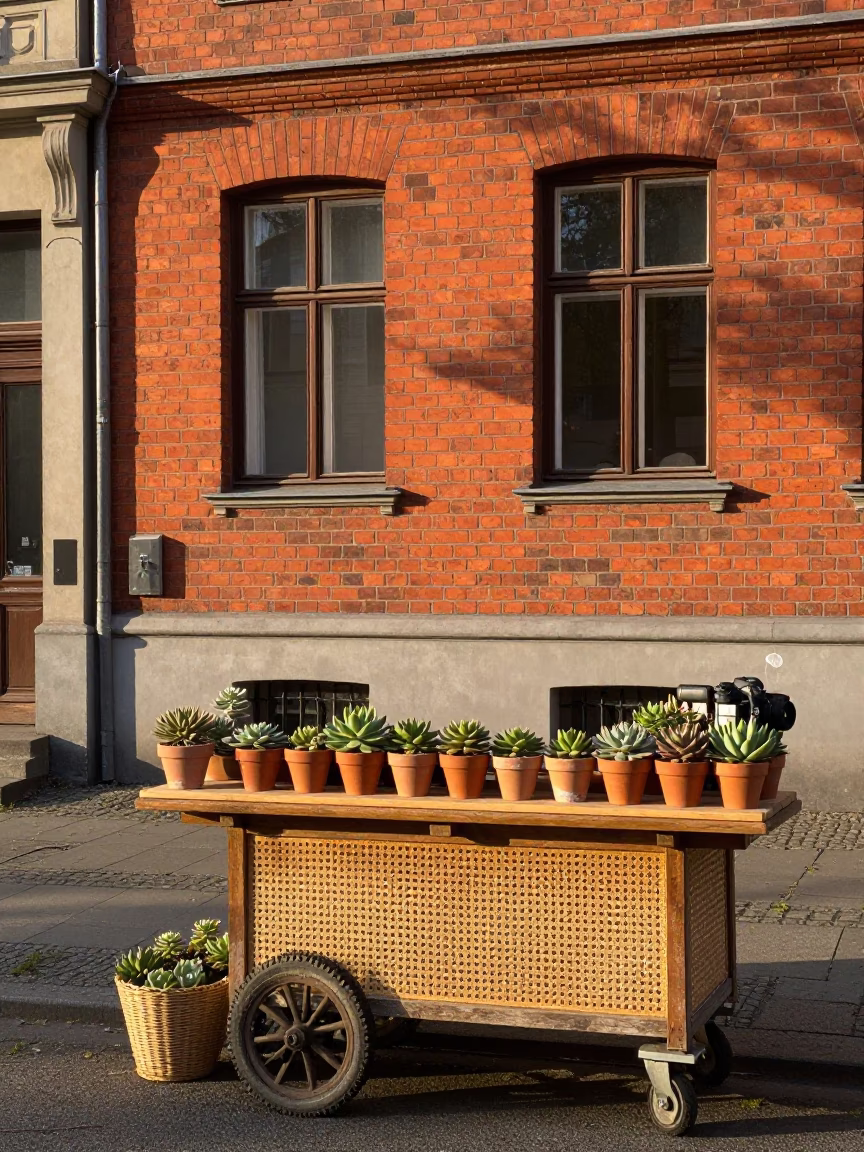 Berlin Morning Street Scene with Succulents and Woven Cane Detail in in Berlin, Germany