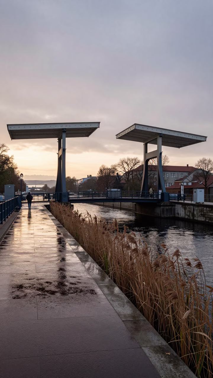 Berlin Nautical Dawn Concrete Cooling Canal Reeds and Drawbridge Rain Reflections in in Berlin, Germany