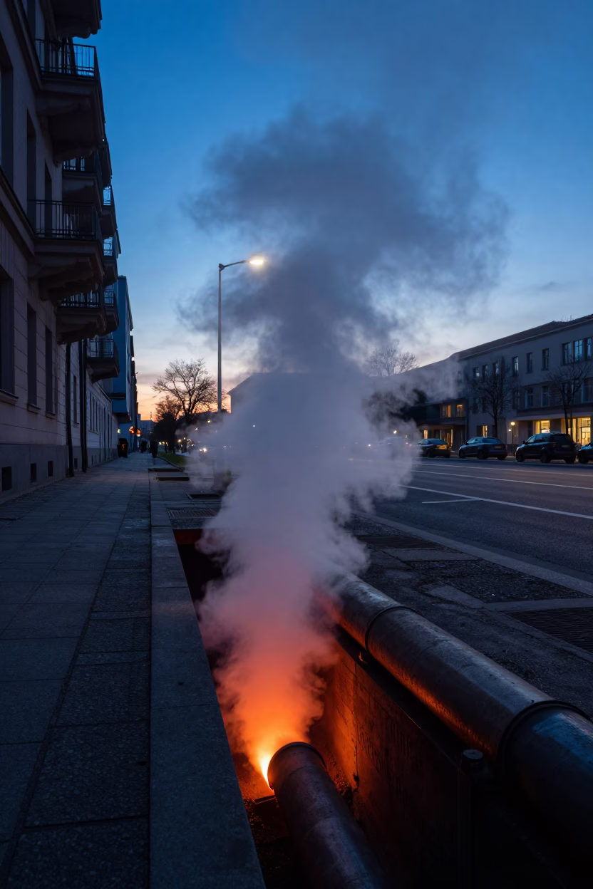 Berlin Nautical Dawn District Heating Pipe Trench Steaming Through Autumn Ginkgo Leaves in in Berlin, Germany
