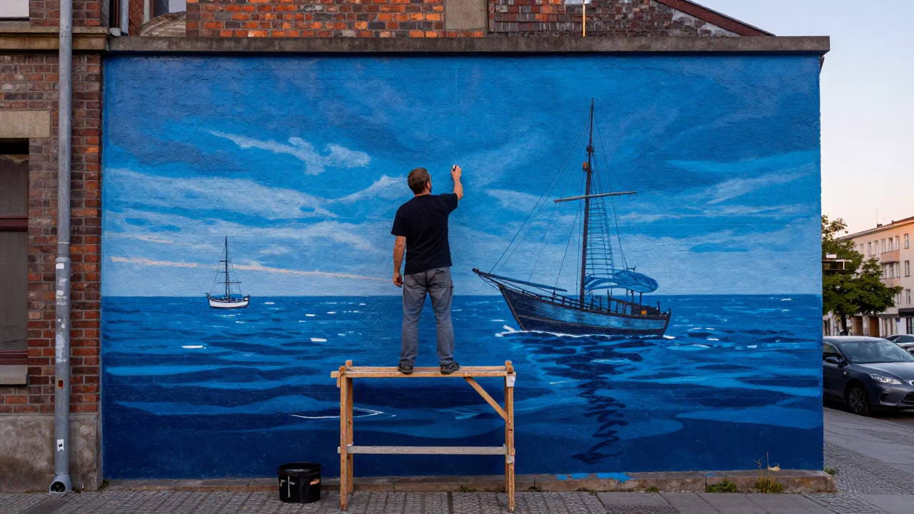 Berlin Nautical Dawn Street Mural Artist Painting Urban Wall in in Berlin, Germany