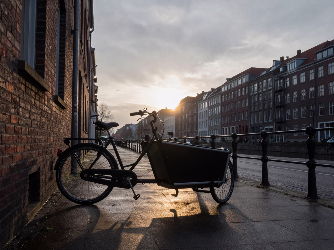 Berlin Nautical Dawn Street Scene with Cargo Bicycle and Urban Morning Light in in Berlin, Germany